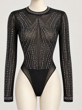 chic Black Long-Sleeve Rhinestone Mesh Bodysuit